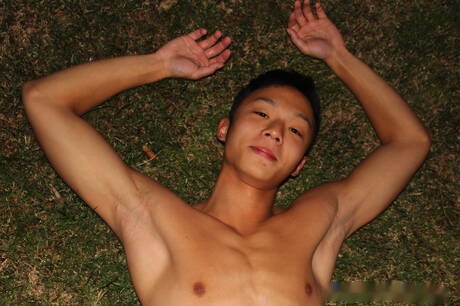 Oriental young dude Dane Jaxson masturbating with dildo at pool