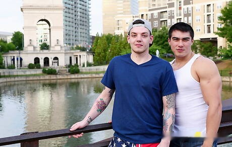 Oriental strong bull Axel Kane and hunky guy Ryan Fields fuck ass after blowjob outside