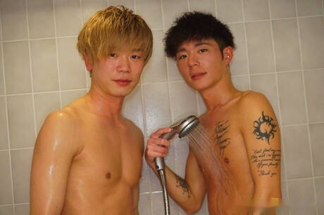 Stud Kouya and tough guy Zen in hot anal sex in bathroom