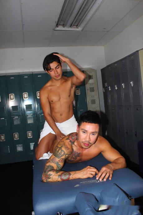 Peter Fever: Latino beefy Alfonso Osnaya and asian muscular Travis Yukarin fuck ass after sucking cock