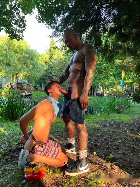 Los chicos estadounidenses calientes Damian Dragon y el chico guapo Levy Foxx tienen una escena de pareja caliente al aire libre