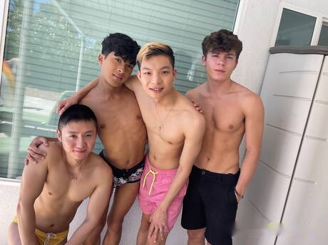 Shameless buddies Matteo Gomez, Kai Cho and Drake Von drilling an ass at pool