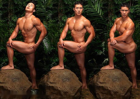 Oriental bull Peter Le get naked and showing tight butt outside