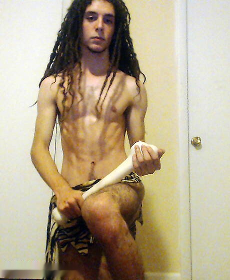 Husky guy Tarzan jerking with dildo