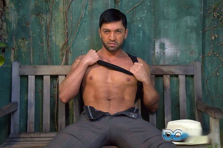 Latin stud Dominic Pacifico play with sex toy outside