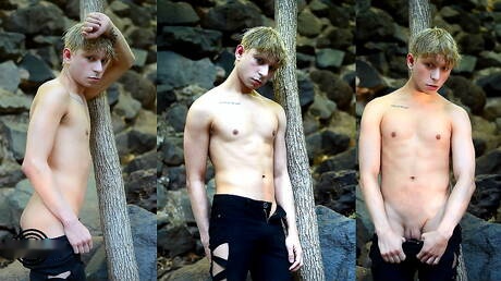 Amerykański młodzieniec Daniel Hausser pokazuje piękne ciało na zewnątrz