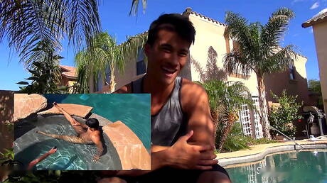 Oriental bull Ken Ott teasing his dick at the pool