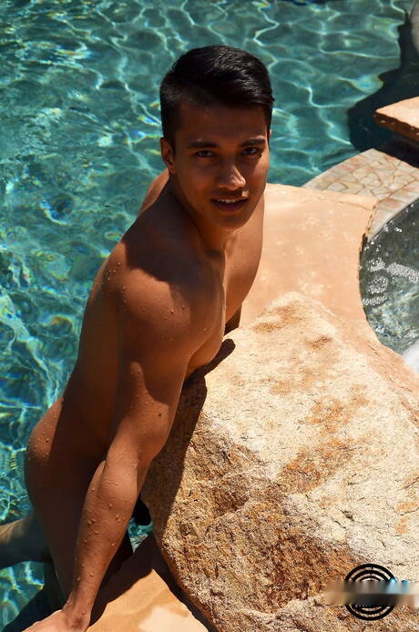 Oriental bull Ken Ott teasing his dick at the pool