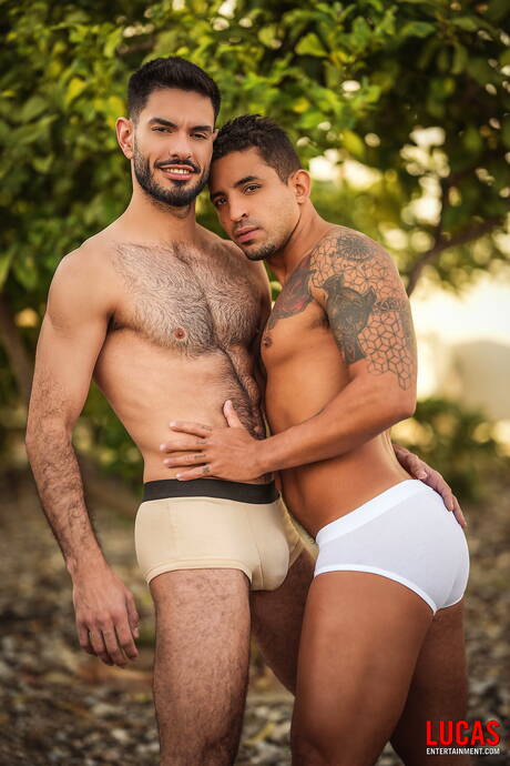 Lucas Entertainment: Latin mature bear Nico Zetta and brazilian tough guy Roque Rems have a good anal sex outside