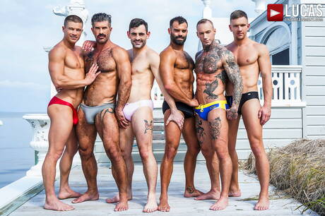 Lucas Entertainment: Adam Killian, Andrey Vic, Drake Masters, Dylan James, Max Arion, Ruslan Angelo in wild gay orgy outdoor