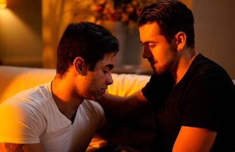 Latino hunky guy Lucas Leon and american husky guy Dante Colle fuck ass after sucking cock