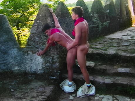 Czech tough guy Sebastian Bonnet and hunk Jiri Lubov banged each other outdoor