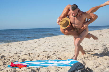 Sexy americans, gay bear Cole Connor and superstud Greg Riley have a hot couple scene after beach walk