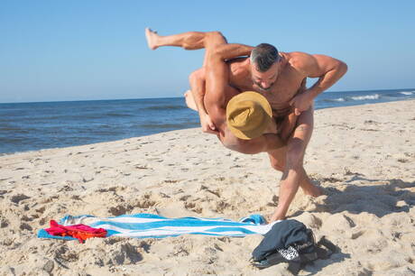 Sexy americans, gay bear Cole Connor and superstud Greg Riley have a hot couple scene after beach walk