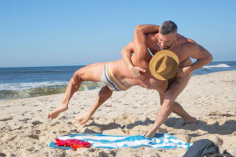 Sexy americans, gay bear Cole Connor and superstud Greg Riley have a hot couple scene after beach walk