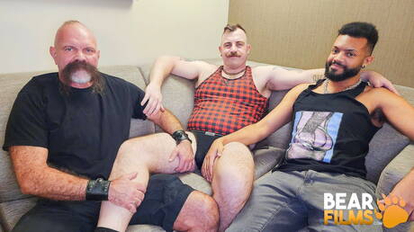 Bear Films: Hot guys Bruce Hudson, Doctor Nick and Jack Ambrose in hot interracial threesome ass fuck