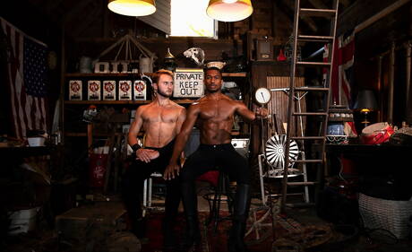 Pretty american guys muscular Daniel Evans and husky guy Sean Xavier in interracial love outside