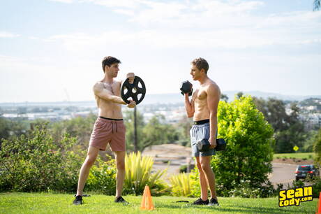 Husky guy Kieran and superstud Angelo in hot ass fuck action outside