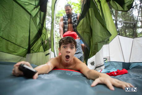 Hot americans, muscular Chuck Conrad and beautiful boy Sam Ledger fuck ass after sucking cock outdoor