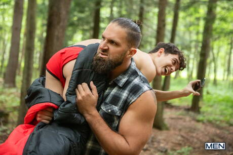 Hot americans, muscular Chuck Conrad and beautiful boy Sam Ledger fuck ass after sucking cock outdoor