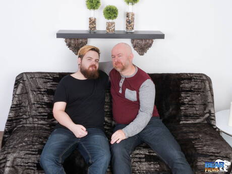 Canadian hairy stud Claudio White and american mature bear Guy English fuck ass after blowjob