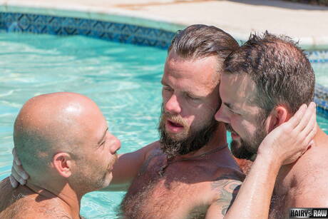 Hot buddies Sailor Blue, Bone Flexx and Aiden Storm have threesome anal sex at pool