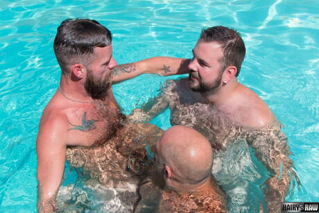 Hairy and Raw: Hot buddies Sailor Blue, Bone Flexx and Aiden Storm have threesome anal sex at pool