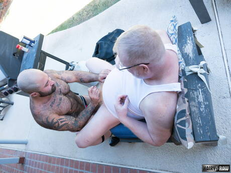 Nice american guys bull Rusty Mcmann and bear Atlas Grant fuck ass after blowjob outdoor