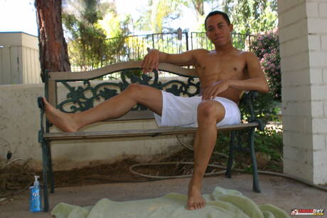 Asian superstud Robert Pierce teasing his dick outdoor