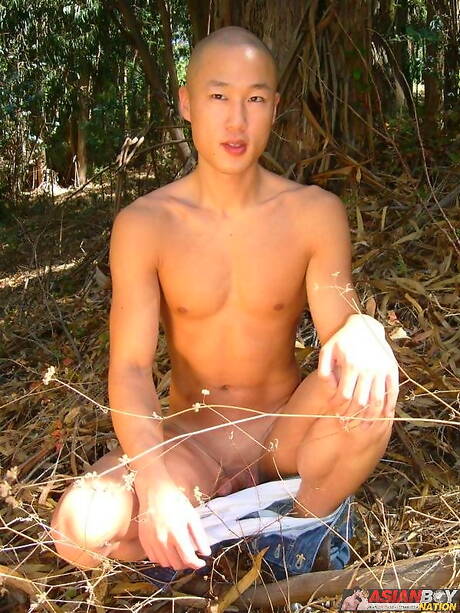 Der schöne asiatische Junge Cameron Long neckt seinen Schwanz im Freien