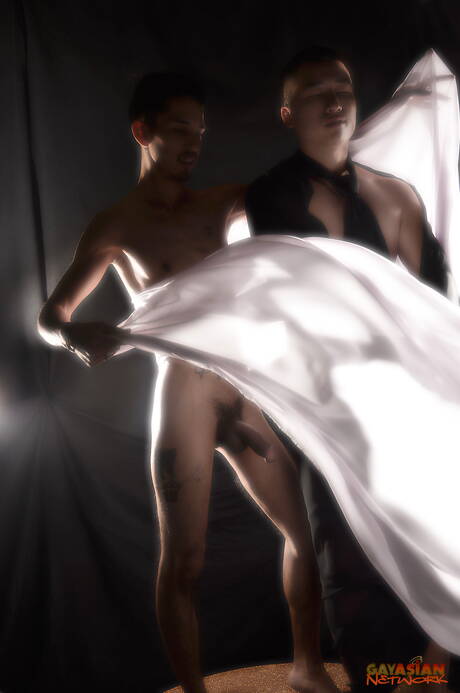 Asian Gay Network: Husky guy Kai and latin beautiful boy Rave Hardick undressing and showing nice butt outside