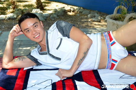 Asian hunk Coda Filthy get naked and showing his ass outdoor