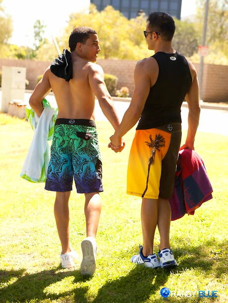 Two american dudes stud Adi Hadad and hunk Robert Craig in black on white sex outdoor