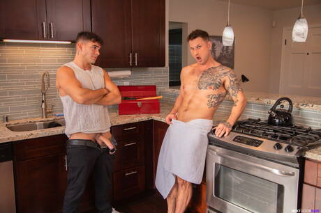 Garotos americanos lindos e fortes, Blain Oconnor e o garanhão Damian Night transando depois de um boquete na cozinha