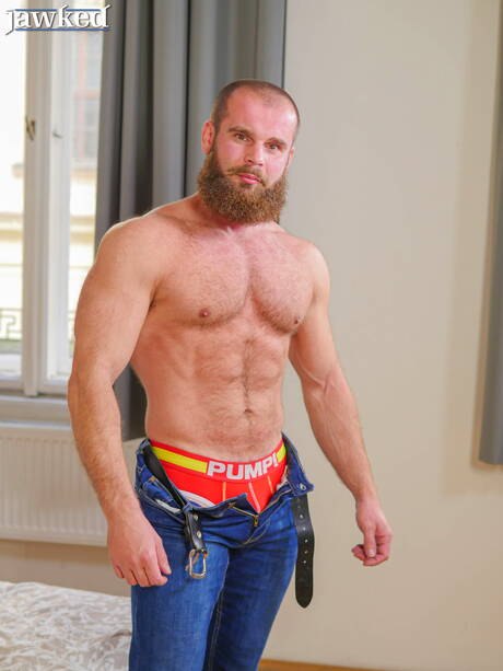 Tsjechische volwassen beer John Barber toont een husky-lichaam