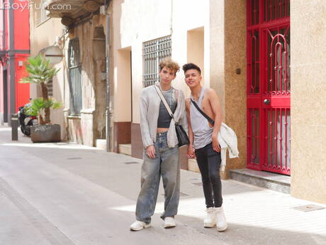 Twink David Cameron and young boy Twink Piero fuck ass after blowjob outside