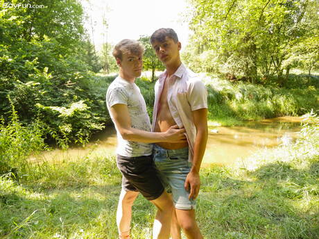 Hot twink Finn Harper and young dude Lucian Fair fuck ass after sucking outdoor