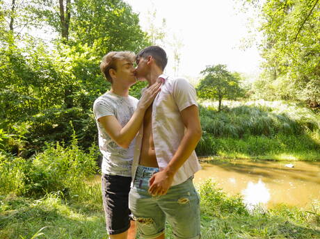 Hot twink Finn Harper and young dude Lucian Fair fuck ass after sucking outdoor