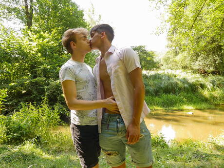 Hot twink Finn Harper and young dude Lucian Fair fuck ass after sucking outdoor