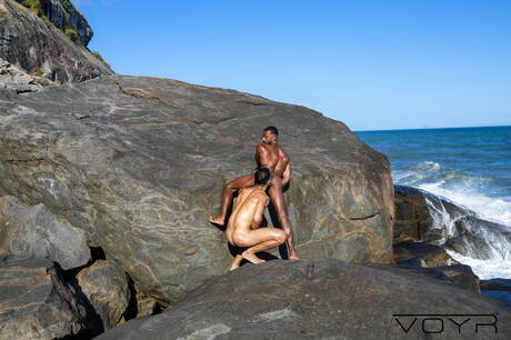 Sexy guy Jonatas and beautiful guy Markin Wolf love each other outdoor