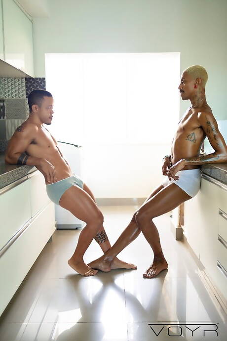 Strongman Yuri Oberon and hunky guy Eduardo Menzorra have a good oral sex in kitchen