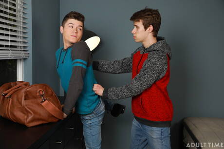 Hot american guys young Drake Von and young boy Adam Awbride sucking and fucking each other outside