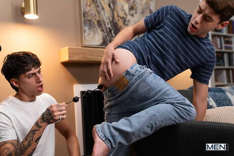 American young boy Joey Mills and latin husky guy Angel Elias in hard anal sex