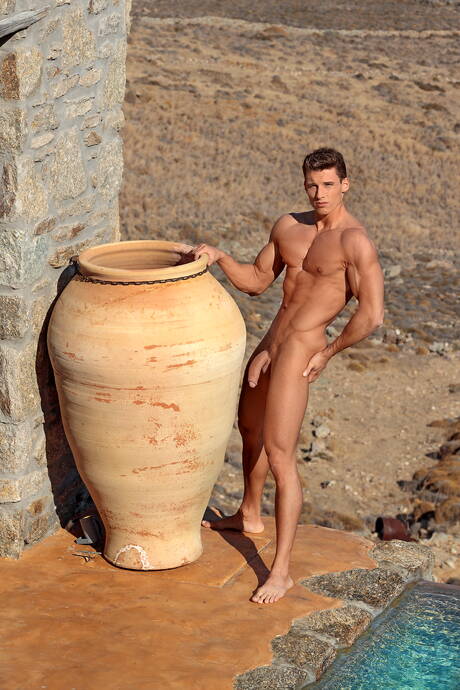 Hungarian muscular Bart Cuban and czech superstud Jon Kael get naked and showing butt at the pool