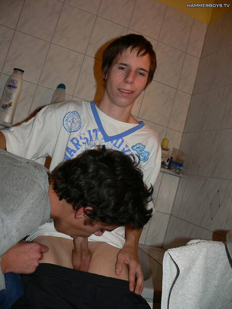 Der junge Kerl Denis Rakay und der heiße Twink Richard Koole haben einen guten Oralsex im Badezimmer