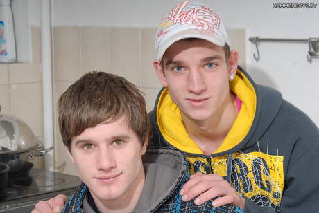 年輕的帕爾默劉易斯 (Palmer Lewis) 和性感的年輕男友彼得梅 (Peter May) 在廚房裡互相吮吸和操弄