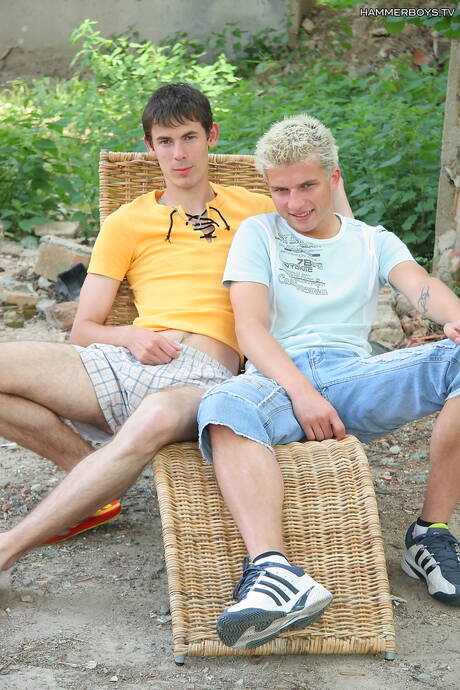 Young Garry Farr and twink Martin Benett have a hot couple scene outside