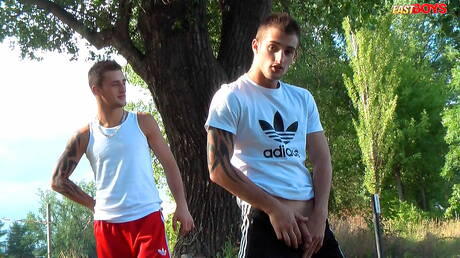 Dobrze zbudowany Joseph Mercury i muskularny Roberto Mercury masturbują się na zewnątrz