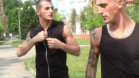 Beefcake Joseph Mercury and beefcake Roberto Mercury posing naked outdoor