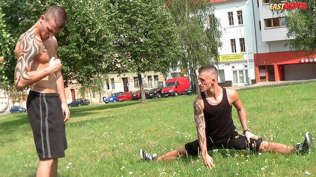 Beefcake Joseph Mercury and beefcake Roberto Mercury posing naked outdoor